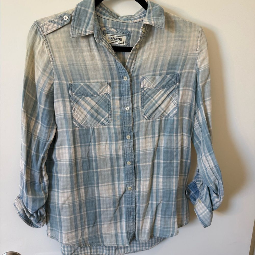 Express Blue Plaid Boyfriend Shirt